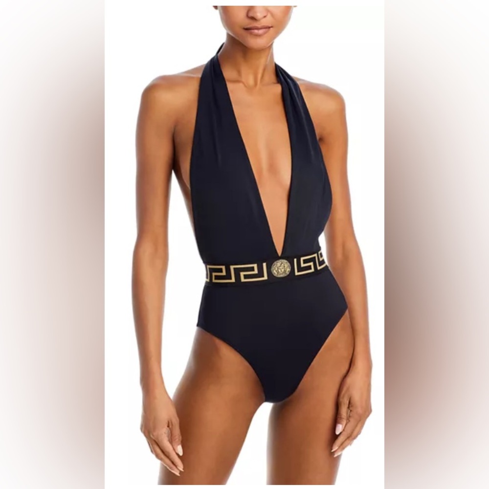 Versace Black and Gold One Piece Swimwear with Greek Key Detail